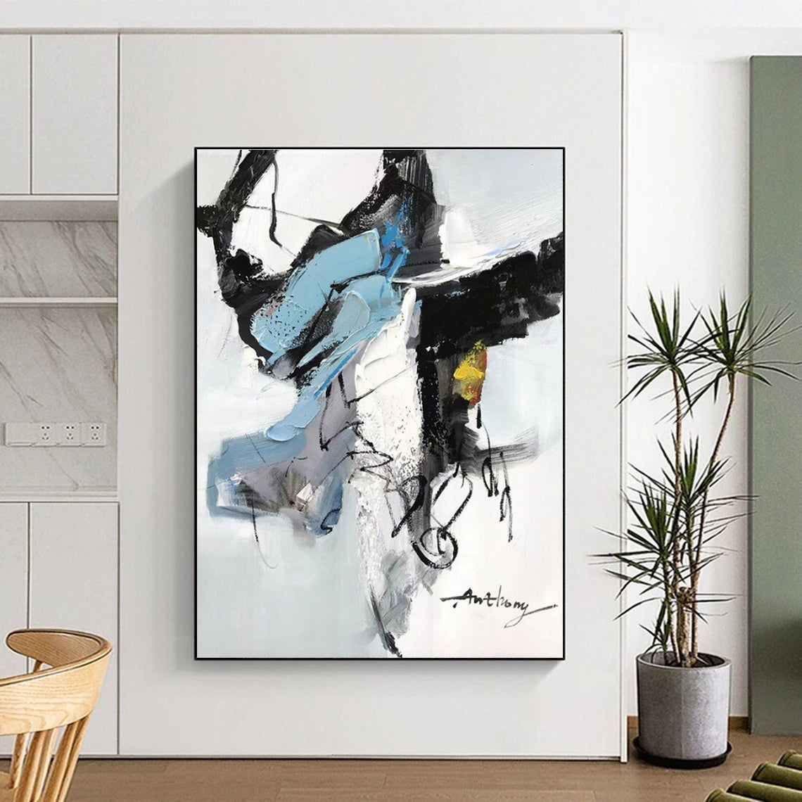 Blue, Black, White, Yellow & Gray Abstract Forms, “Energetic Balance” - Impasto Abstract Painting CT0782