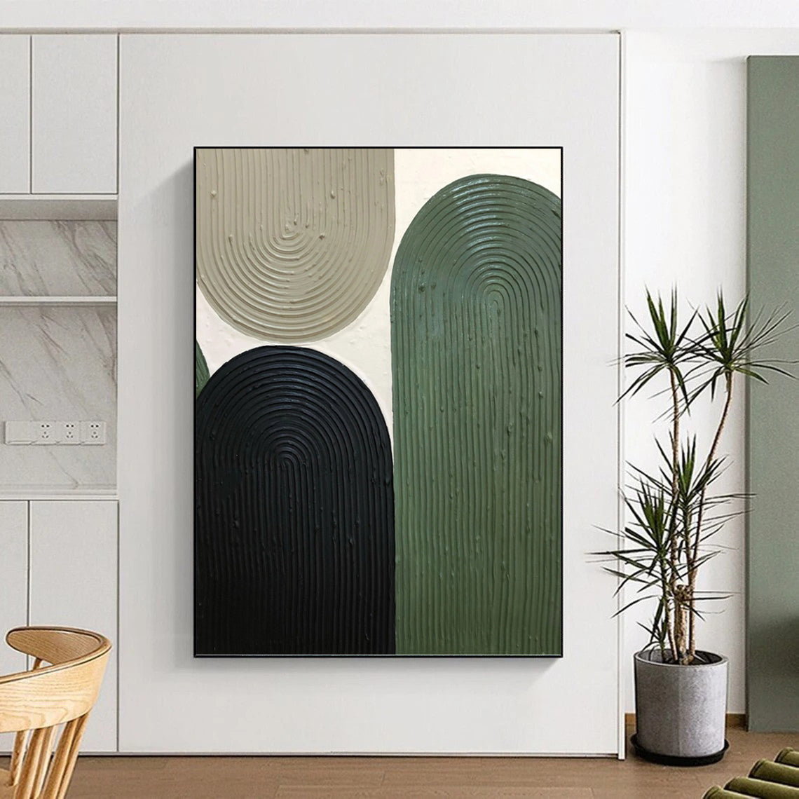 “Nature's Arches” - Beige, Black & Green Ribbed Shapes Painting On Canvas DKH1167