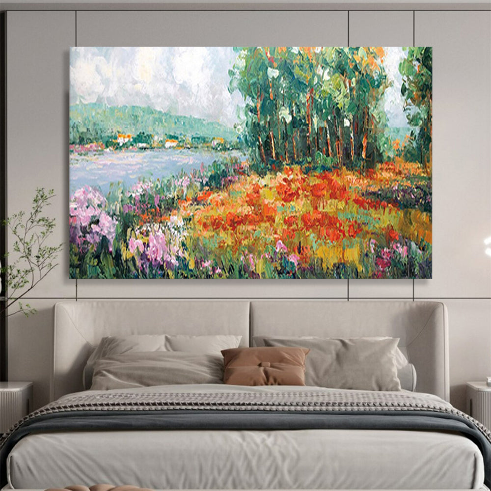 Colorful Riverbank Flowers - Impressionist Landscape Painting On Canvas DLZ228