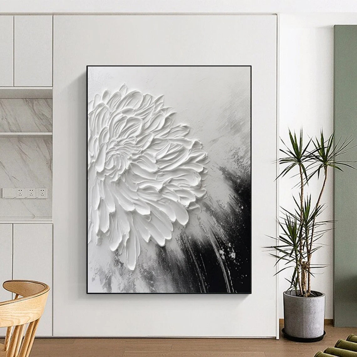 “Textured White Flower” - Black & White Floral Painting On Canvas CT2216