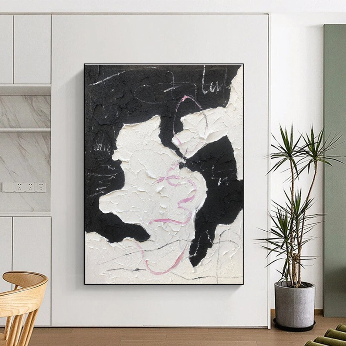 Black, White & Pink Textured Forms, “Playful Chaos” - Impasto Abstract Painting CT0773