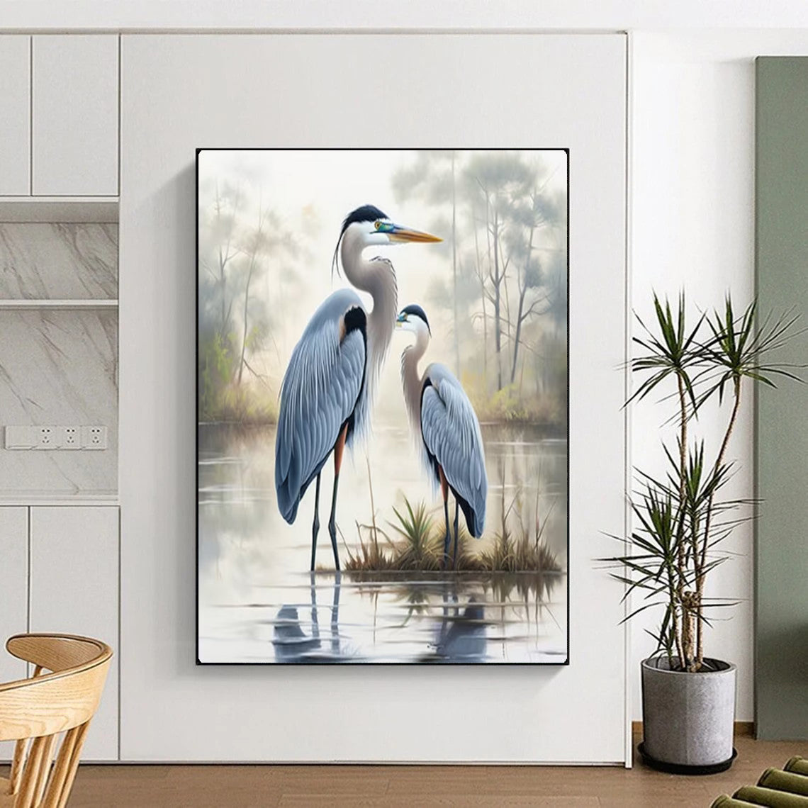 “Blue Herons in Misty Wetland” – Realistic Bird Oil Painting On Canvas CT2129