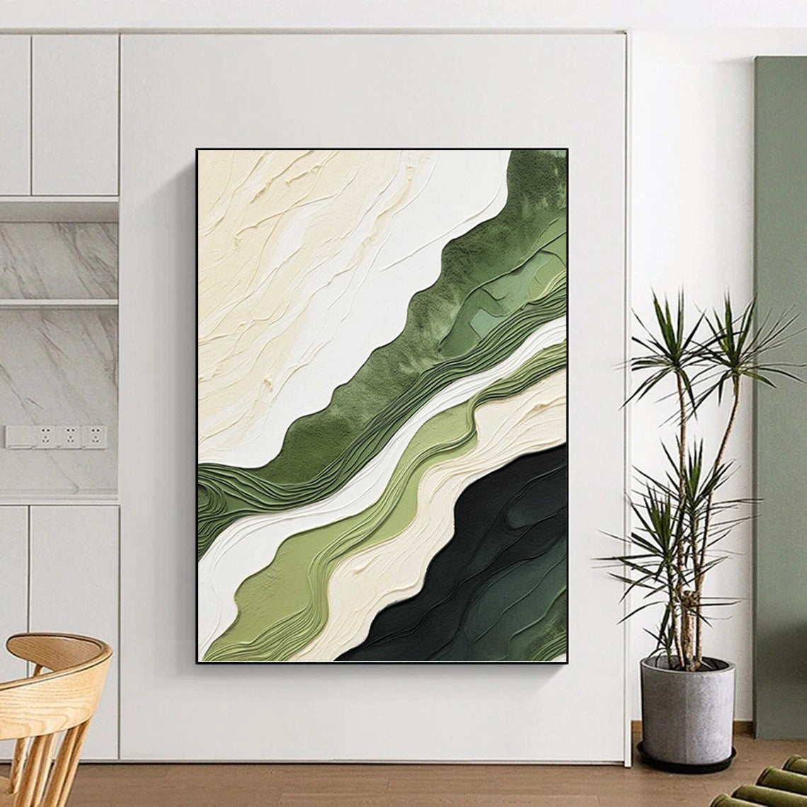 Layered Green and Beige Abstract Landscape - Abstract Painting On Canvas DKH1486