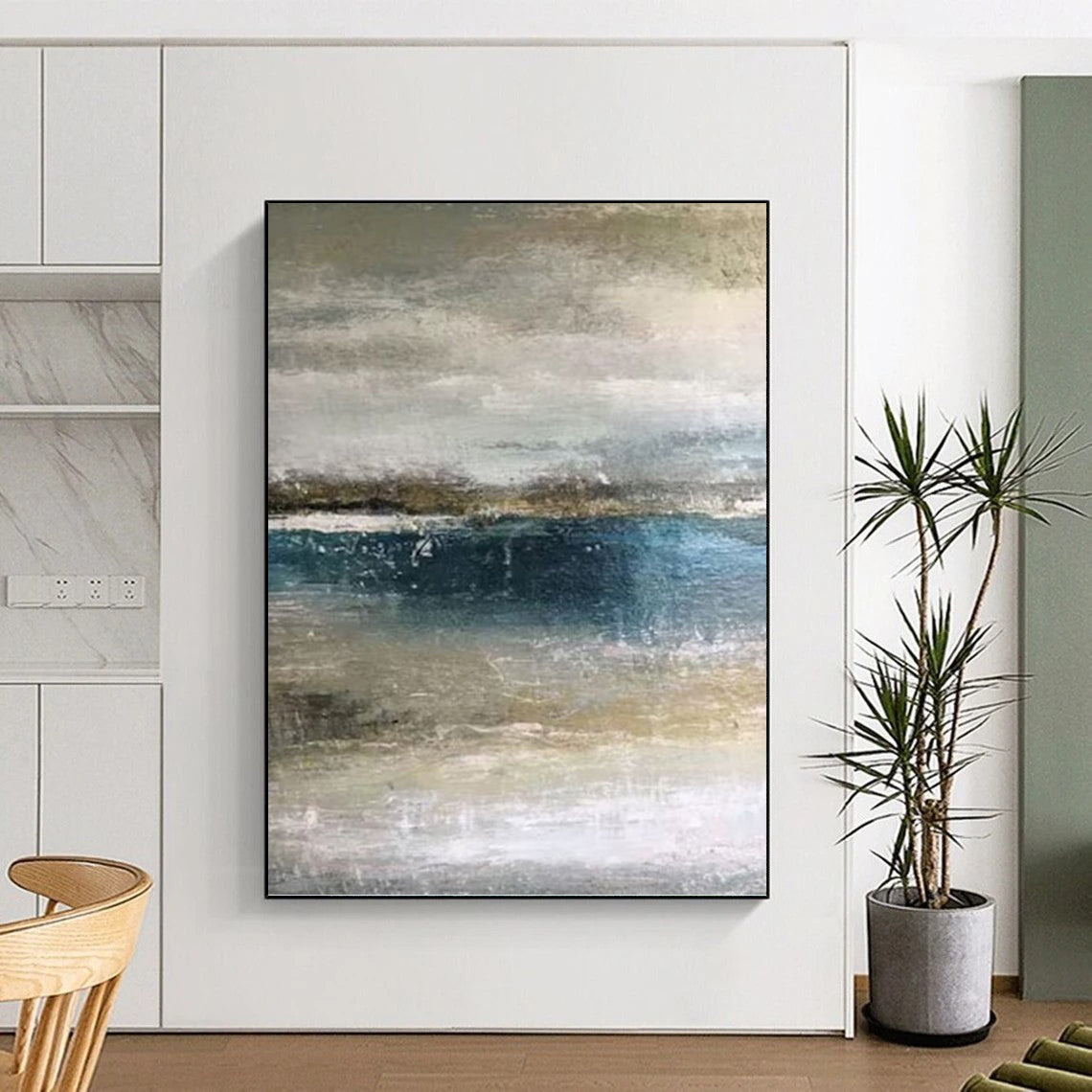 “Muted Coastal Layers” - Blue, Gray & Beige Abstract Seascape Painting On Canvas DKH0945