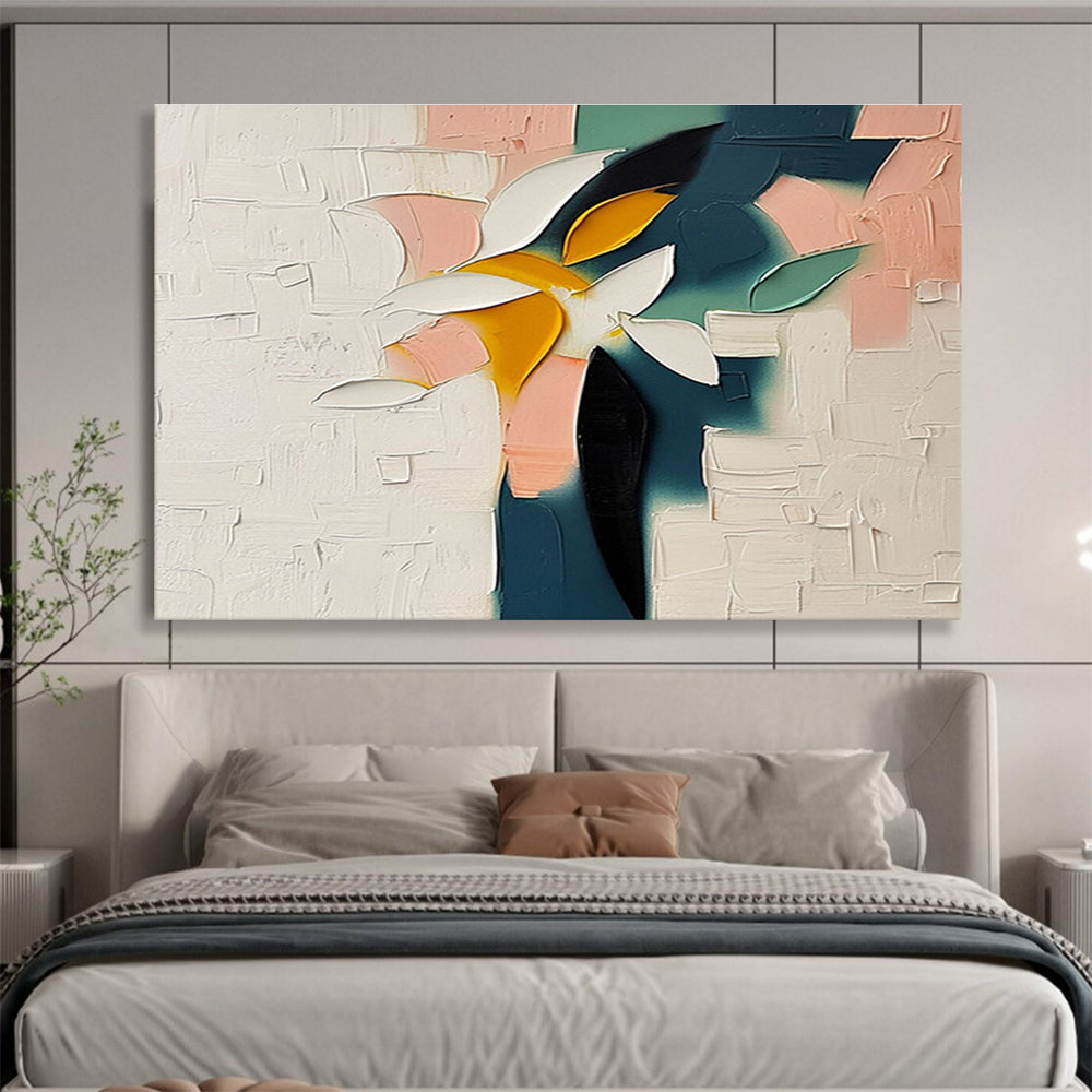 “Color - Blocked Flower in Pastels” - Pink, Teal, Yellow, White Impasto Floral Painting On Canvas DKH747
