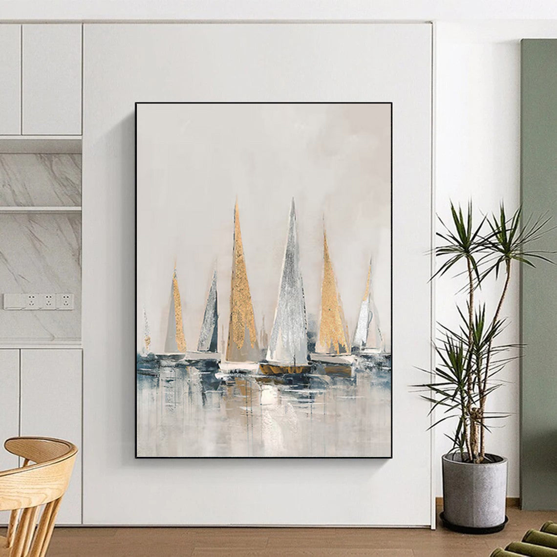 Gold and Silver Sailboats on Gray Water - Nautical Painting On Canvas DKH1416