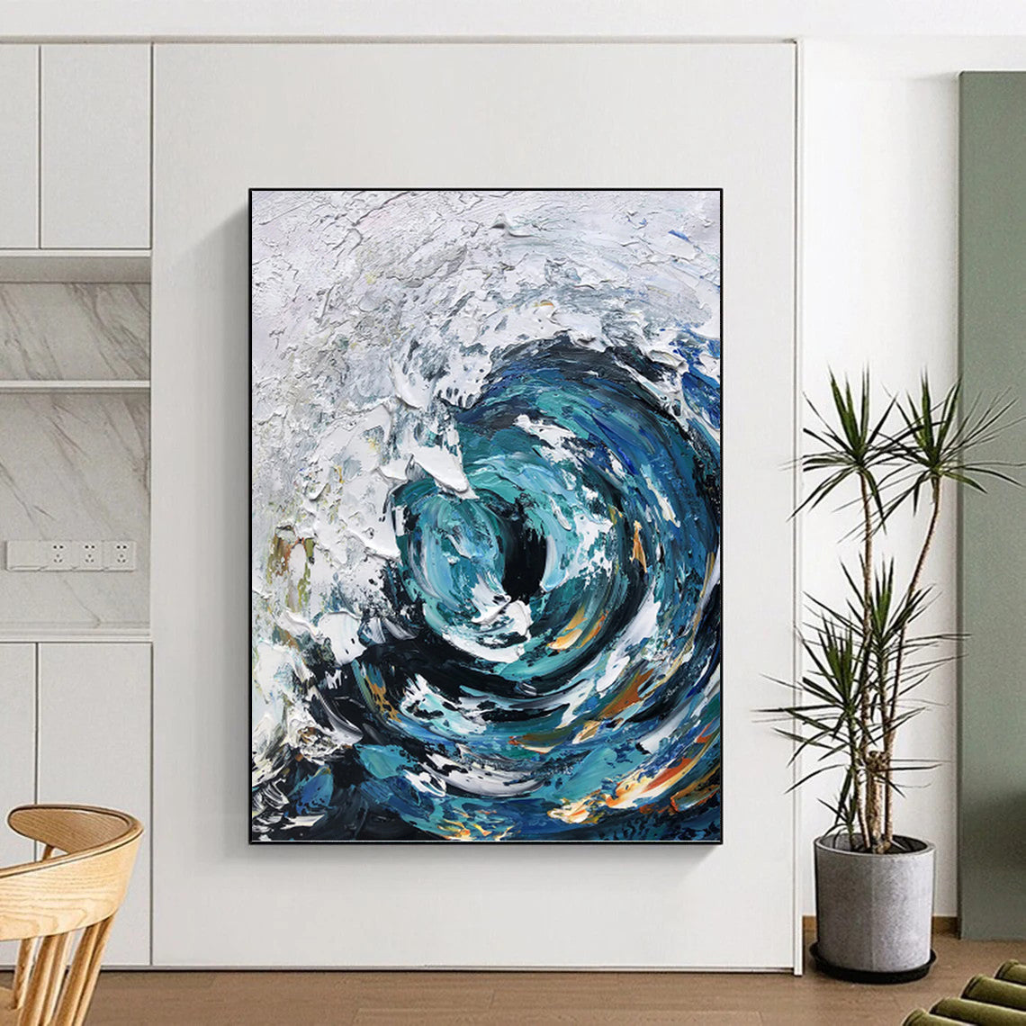 Turquoise and White Swirling Wave - Abstract Impasto Painting On Canvas DKH1295