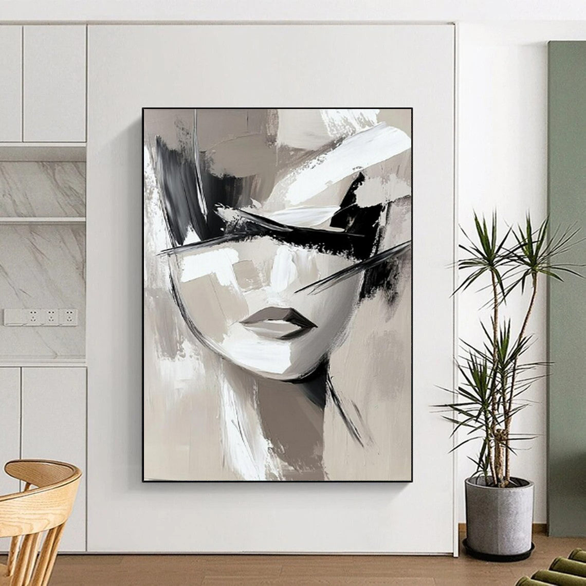 “Monochrome Abstract Face” - Black, White & Gray Abstract Portrait Painting On Canvas CT2193