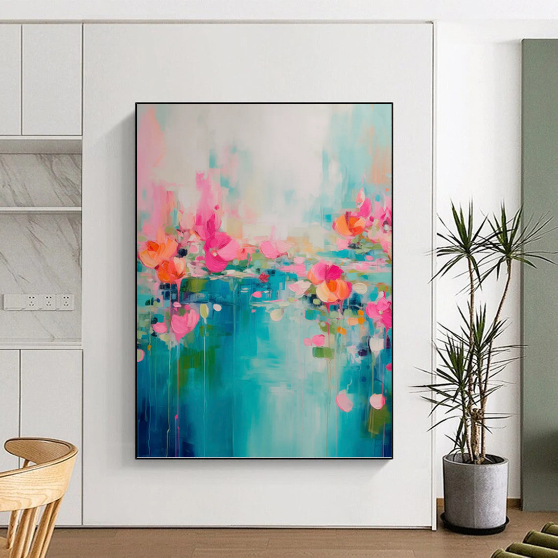 “Turquoise, Pink & Orange Floral Abstract Drip” Painting On Canvas DKH0993