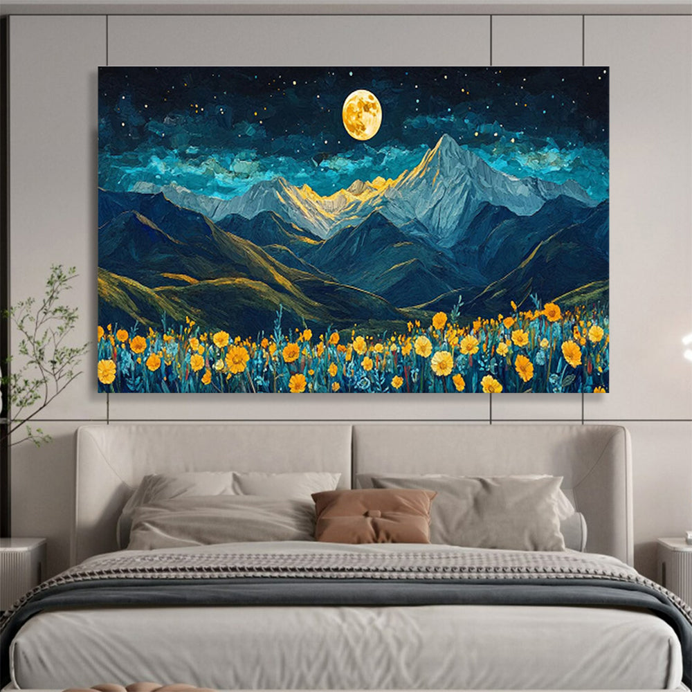 “Moonlit Peaks & Blooms” - Blue, Yellow, Gold Landscape Fantasy Painting On Canvas DKH694