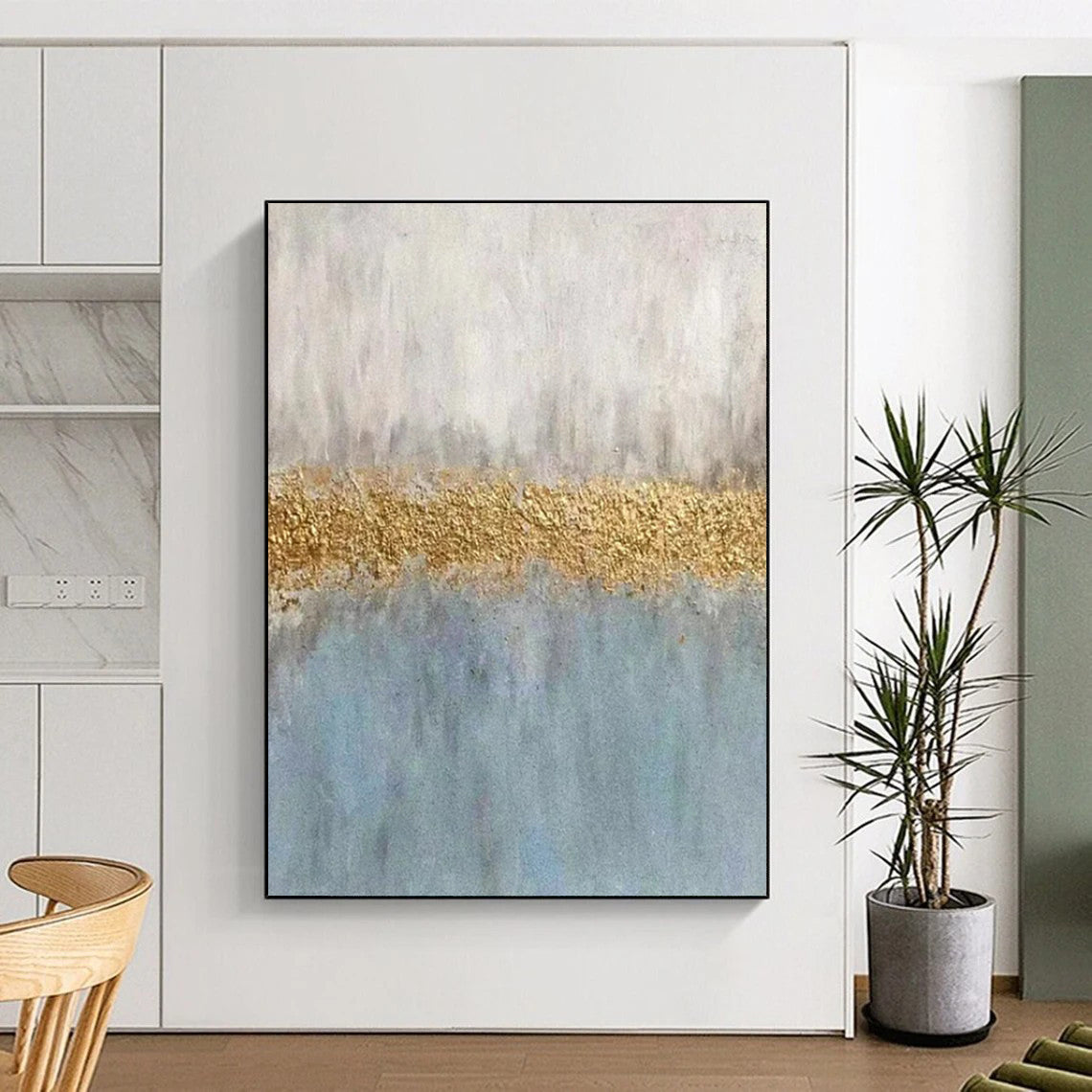 Blue & Gold Abstract Divide - Minimalist Abstract Painting On Canvas CT2289