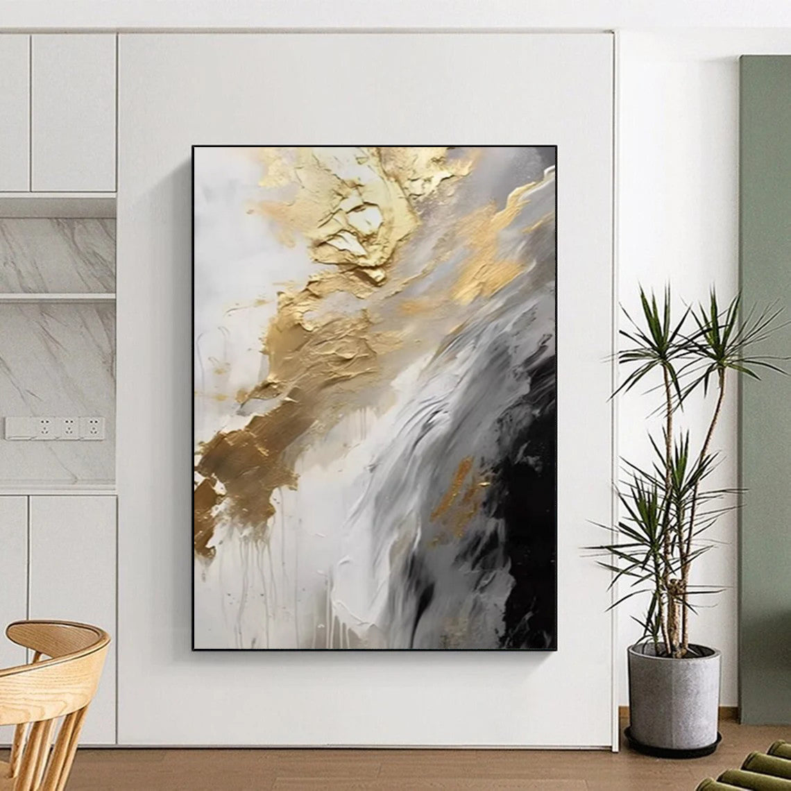 “Gold - White - Gray Flowing Abstract” - Gold, White, Gray Fluid Abstract Painting On Canvas DTP302