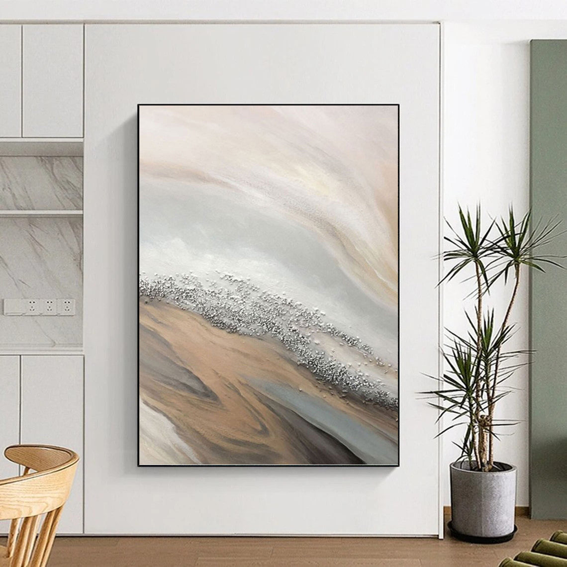 “Beige - Gray - Silver Flowing Abstract” Painting On Canvas DKH1228