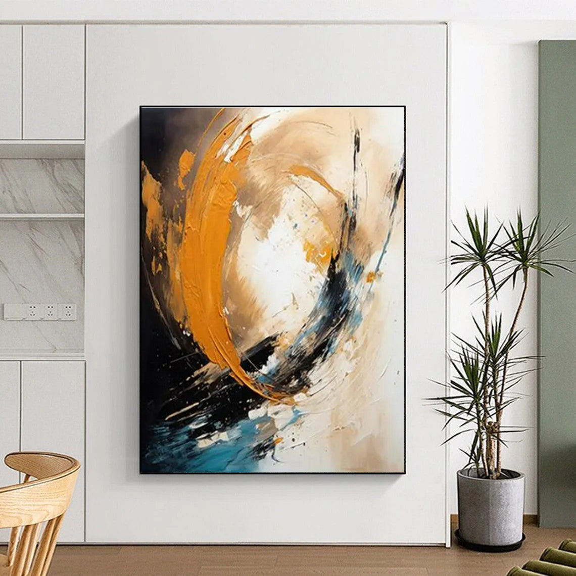 “Orange - Blue - Black Abstract Swirl” ,Abstract Oil Painting CT0829