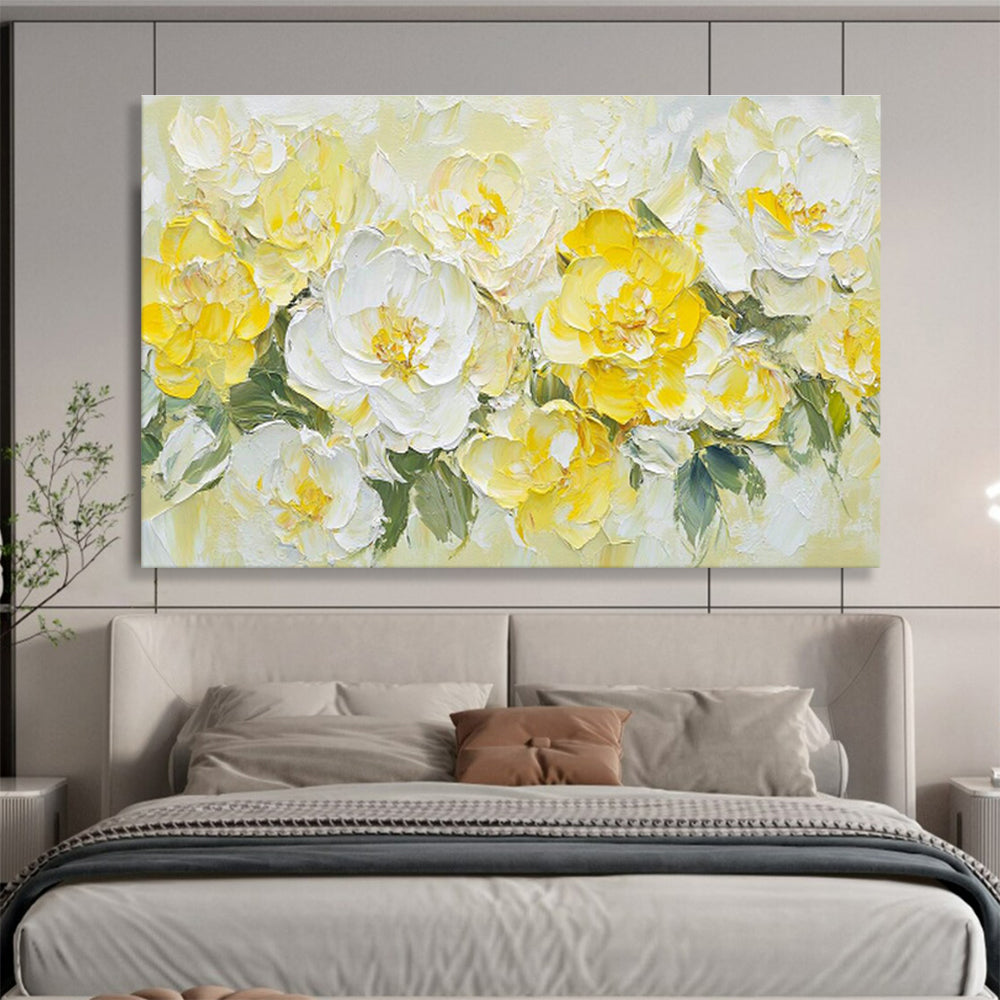 “Sunny Blooms” - Yellow, White Floral Impasto Painting On Canvas DKH696