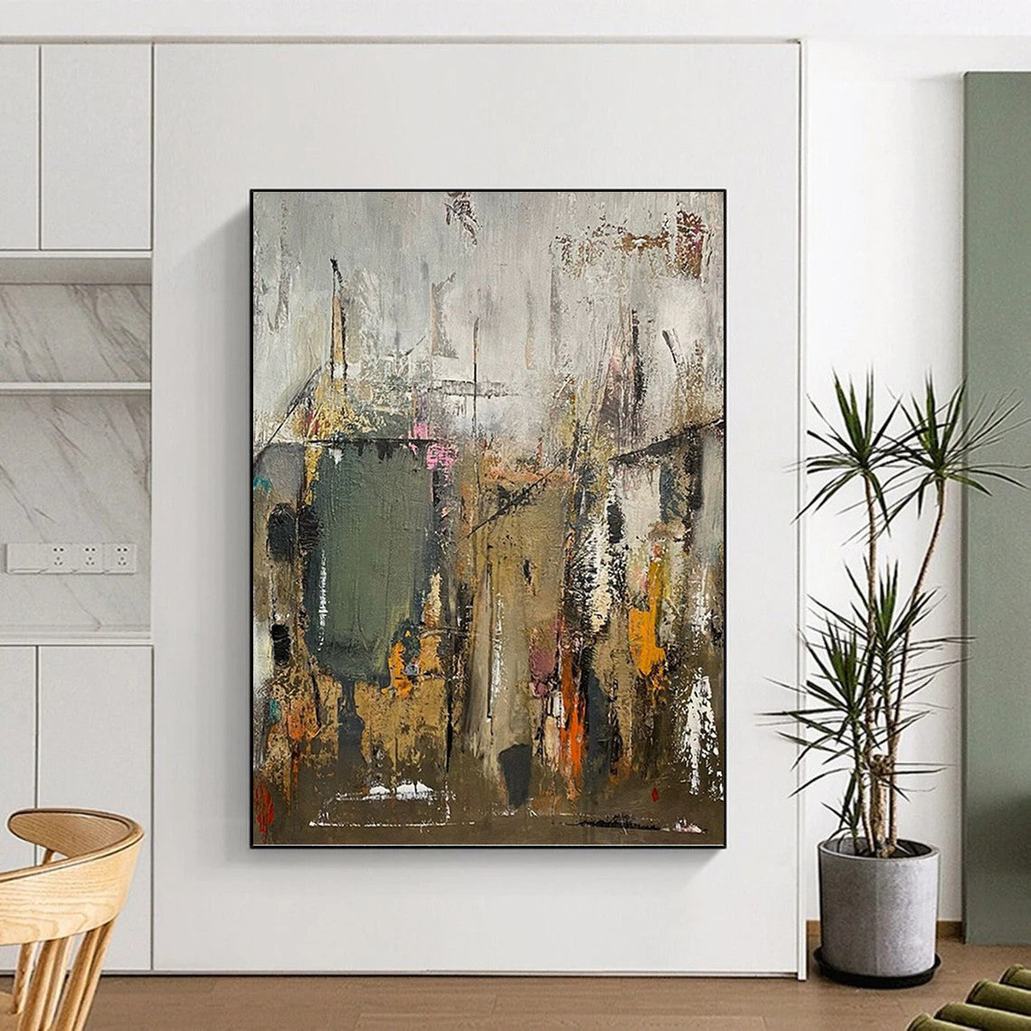 “Urban Abstract Layers” - Gray, Green, Orange & Pink Abstract Cityscape Painting DKH1038