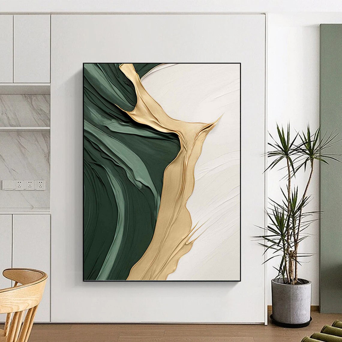 Emerald Green, Gold, and White Textured Abstract - Abstract Painting On Canvas DKH1496