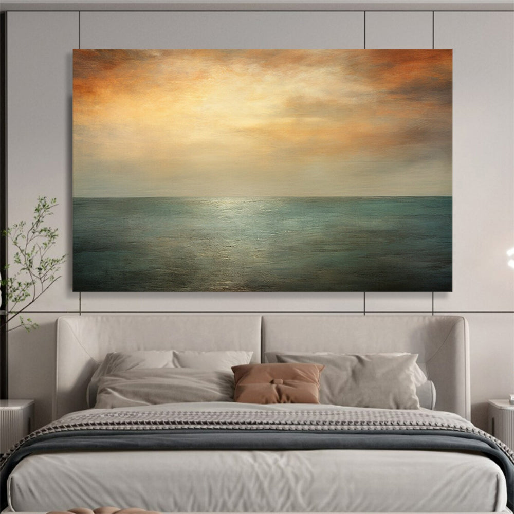 “Orange, Teal, Gray Seaside ‘Eternal Sunset’” - Abstract Seascape Painting On Canvas DLZ010