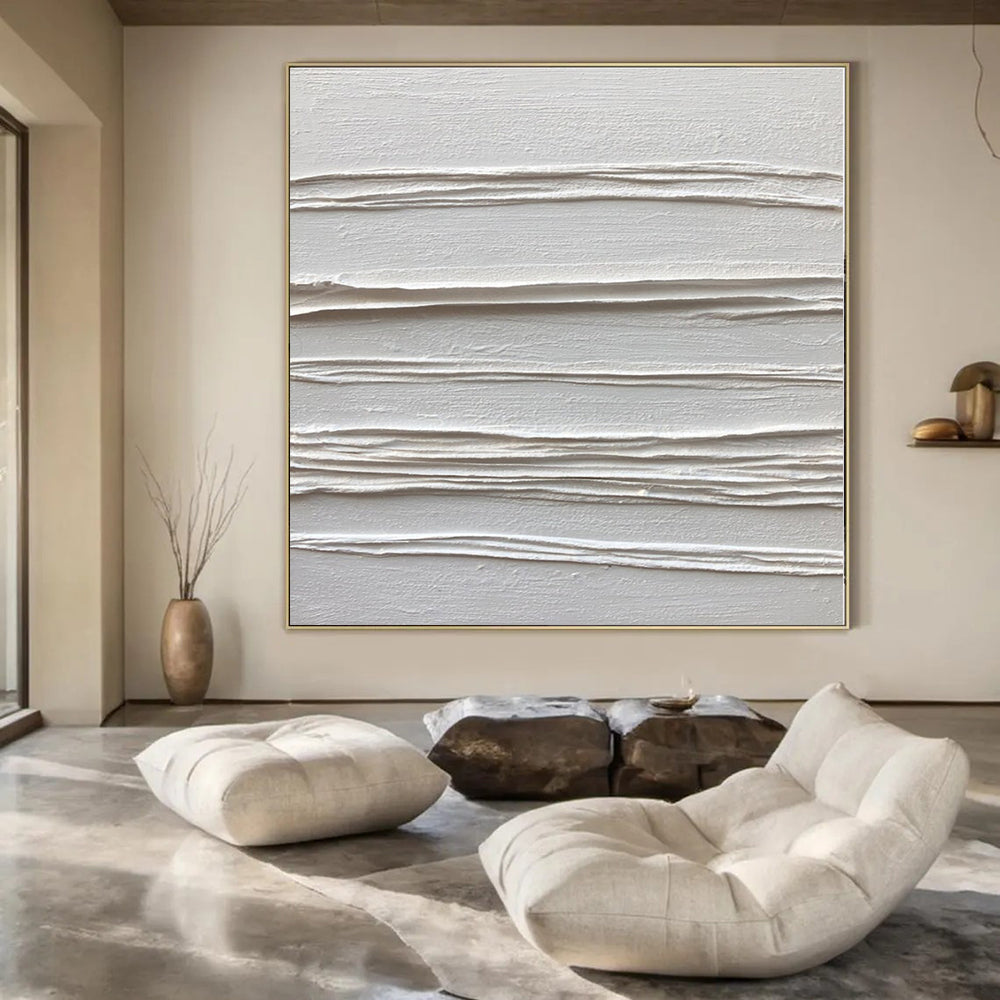White Textured Linear Abstraction - Minimalist Textured Acrylic On Canvas CT1347