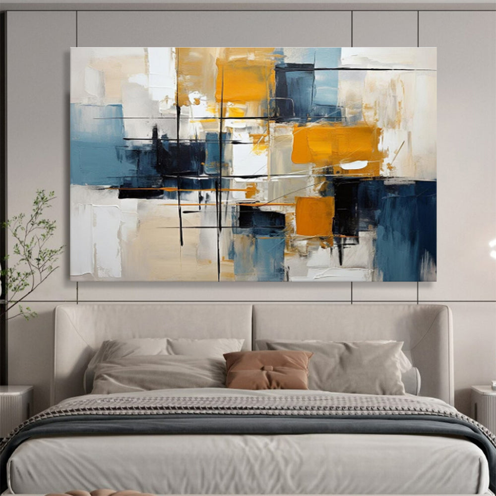 Abstract Geometric Blocks in Yellow and Blue Painting On Canvas DKH183