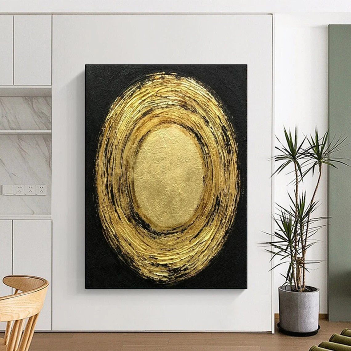 “Gold & Black Textured Circles” - Abstract Painting On Canvas CT2330