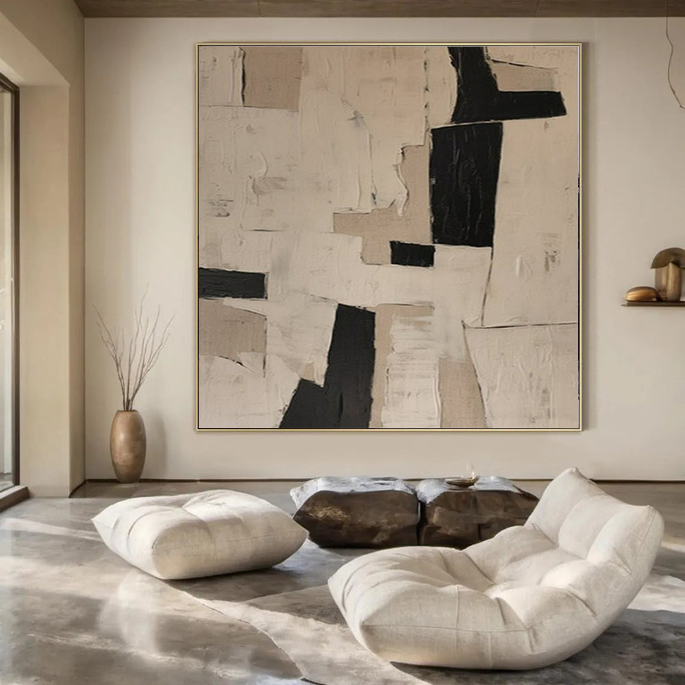 “Black - White Geometric Collage” ,Abstract Geometric Mixed - Media Art CT0955