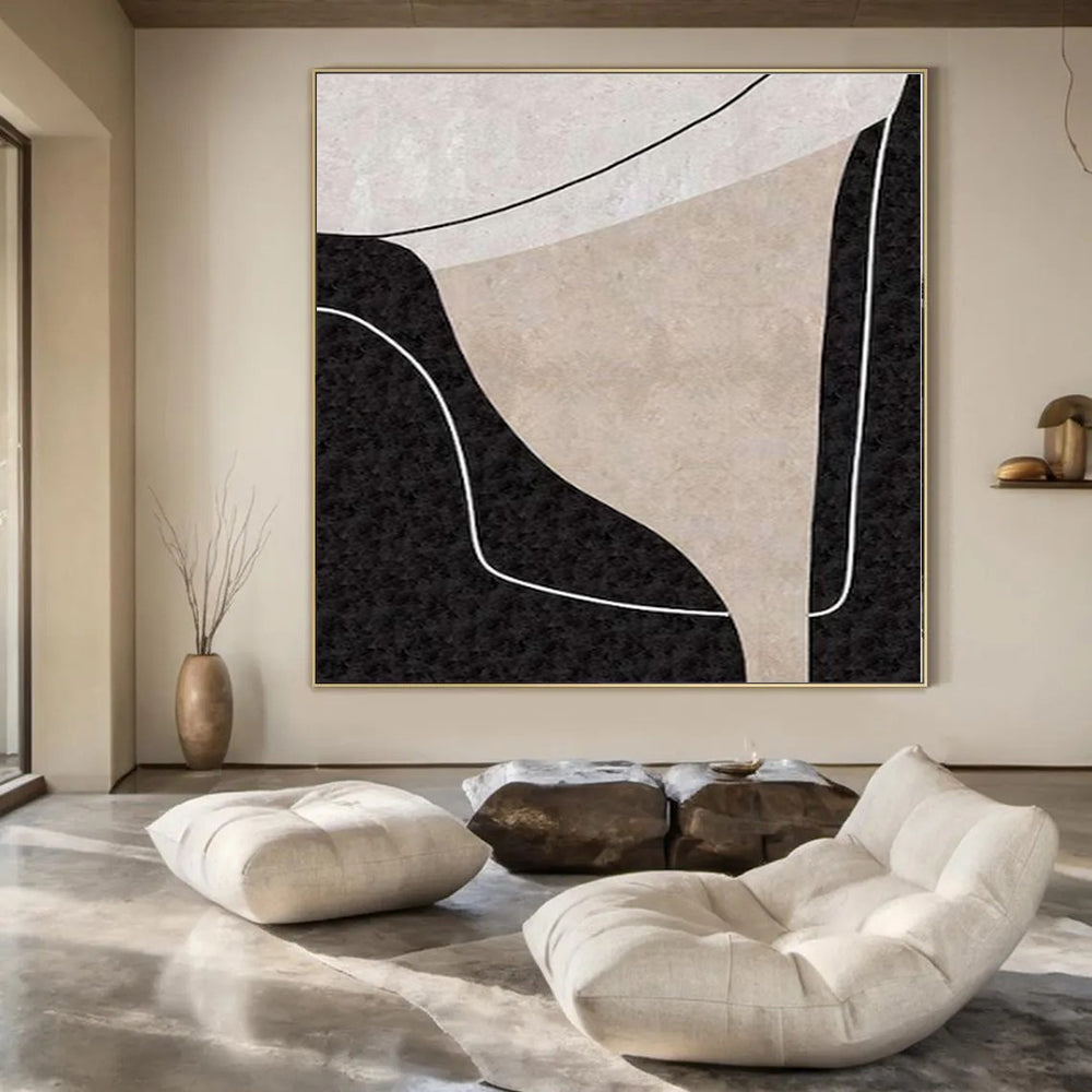 “Beige - Black - White Geometric Forms(Variation)” – Geometric Abstract Painting CT1163
