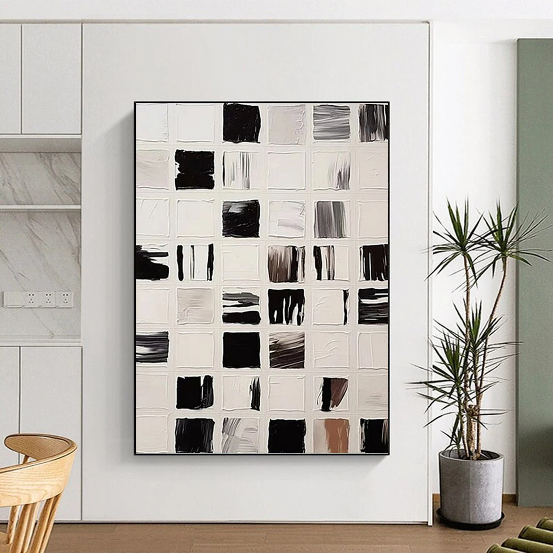 “Black and White Square Abstract - Microcosm of Color” Painting On Canvas DKH1133