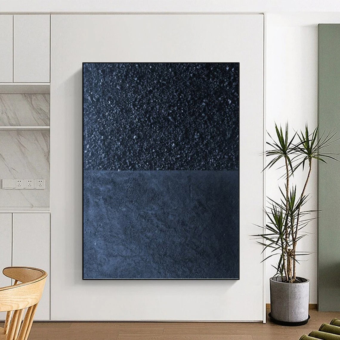 Two - Tone Black & Dark Blue - Minimalist Textured Painting On Canvas DKH1247