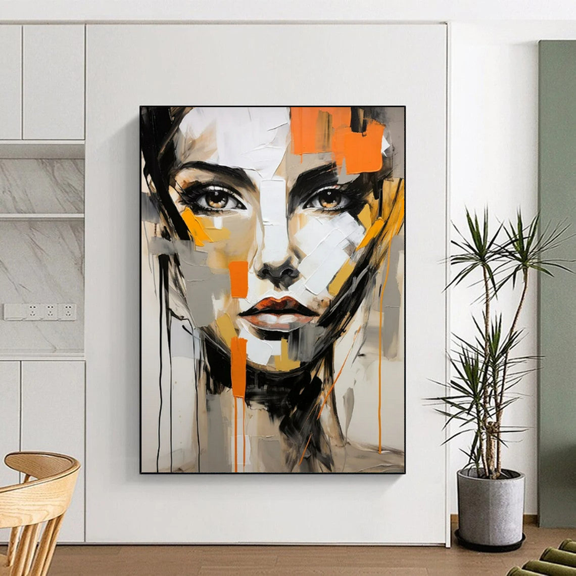 “Abstract Face” - Gray, Orange & Black Portrait Painting On Canvas CT2215
