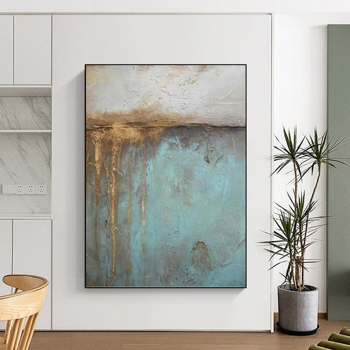 “Rustic Blue & Brown Textures” - Teal, Brown & Gray Abstract Textured Painting On Canvas DKH1191