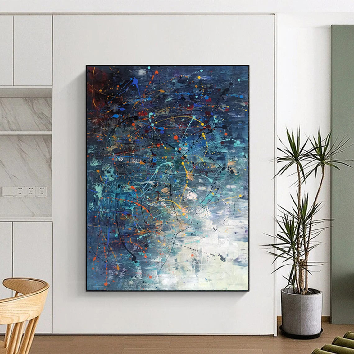 “Dynamic Color Splash” - Blue, Orange, Yellow, White Abstract Painting On Canvas DTP246