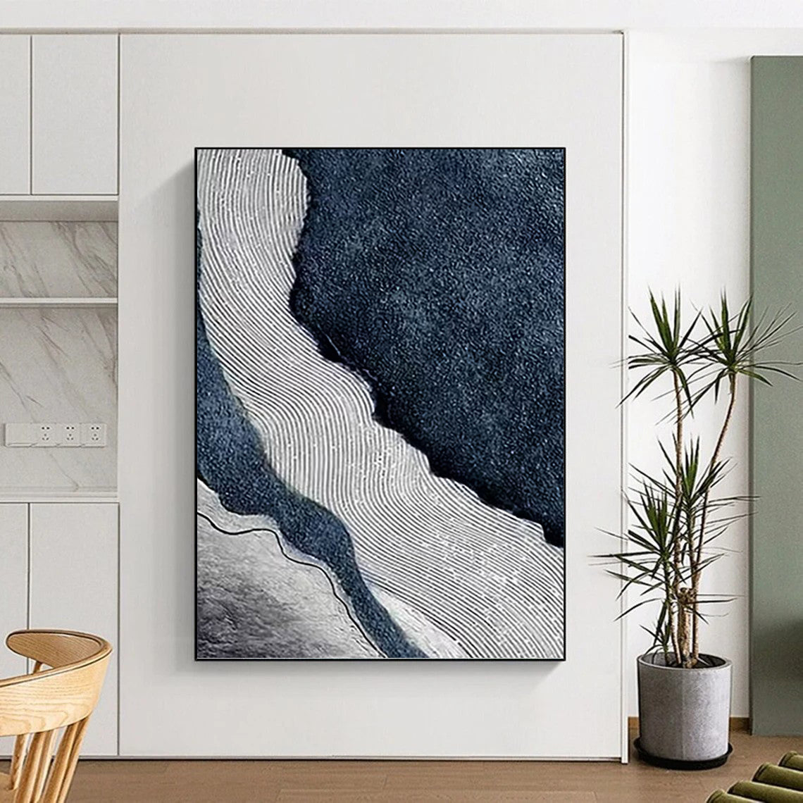 “Rippled River” - Blue, White & Gray Abstract Flowing Lines Painting On Canvas DKH1536