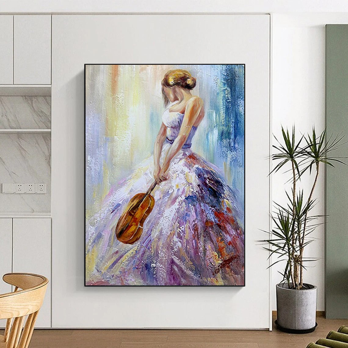 “Colorful Woman with Violin” – Impressionistic Oil Painting On Canvas CT2182