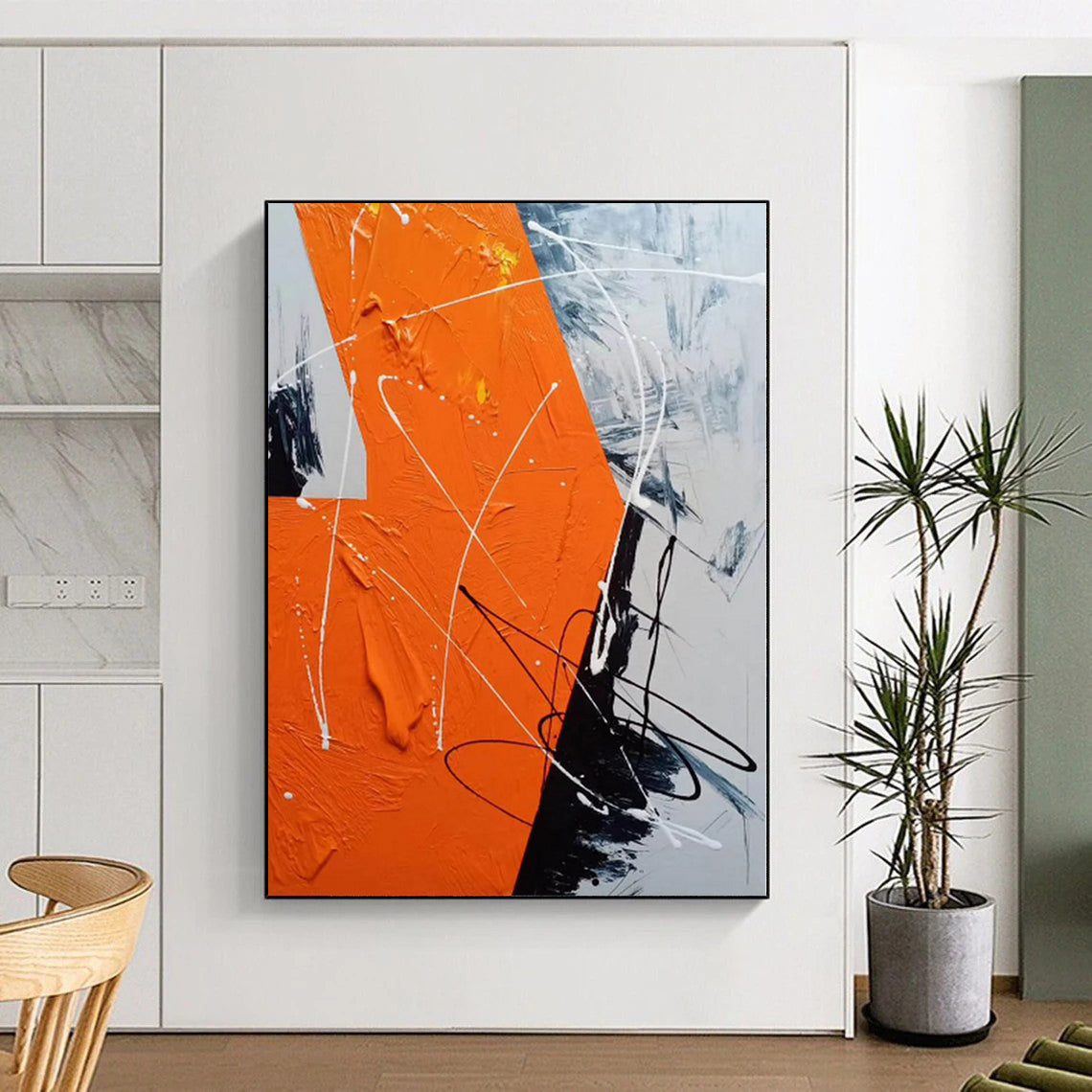 “Orange - Black Dynamic Strokes” Abstract Acrylic Art CT0325