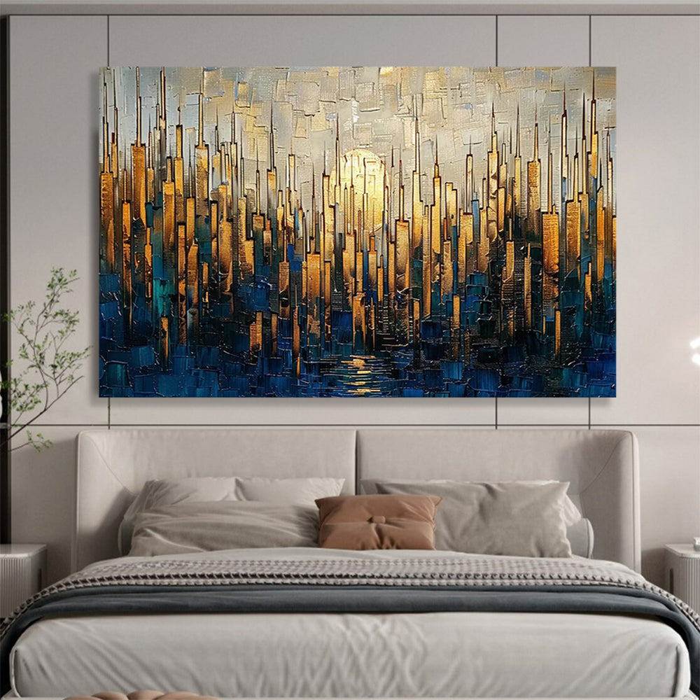 Golden Cityscape at Sunset - Textured Urban Landscape Painting On Canvas DLZ172