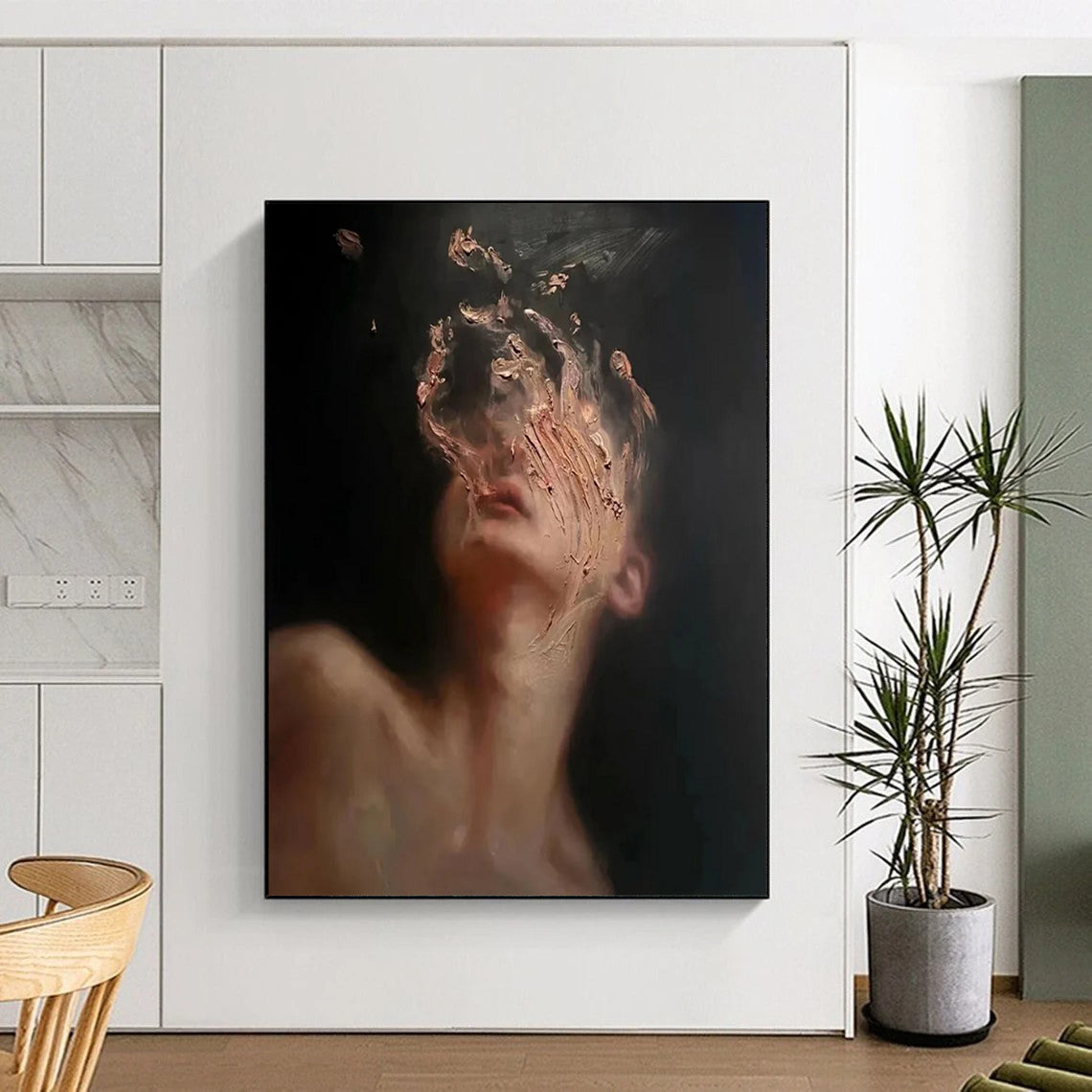 “Black, Beige, Gold Abstract Portrait ‘Ethereal Face’” - Textured Figurative Painting On Canvas DTP315