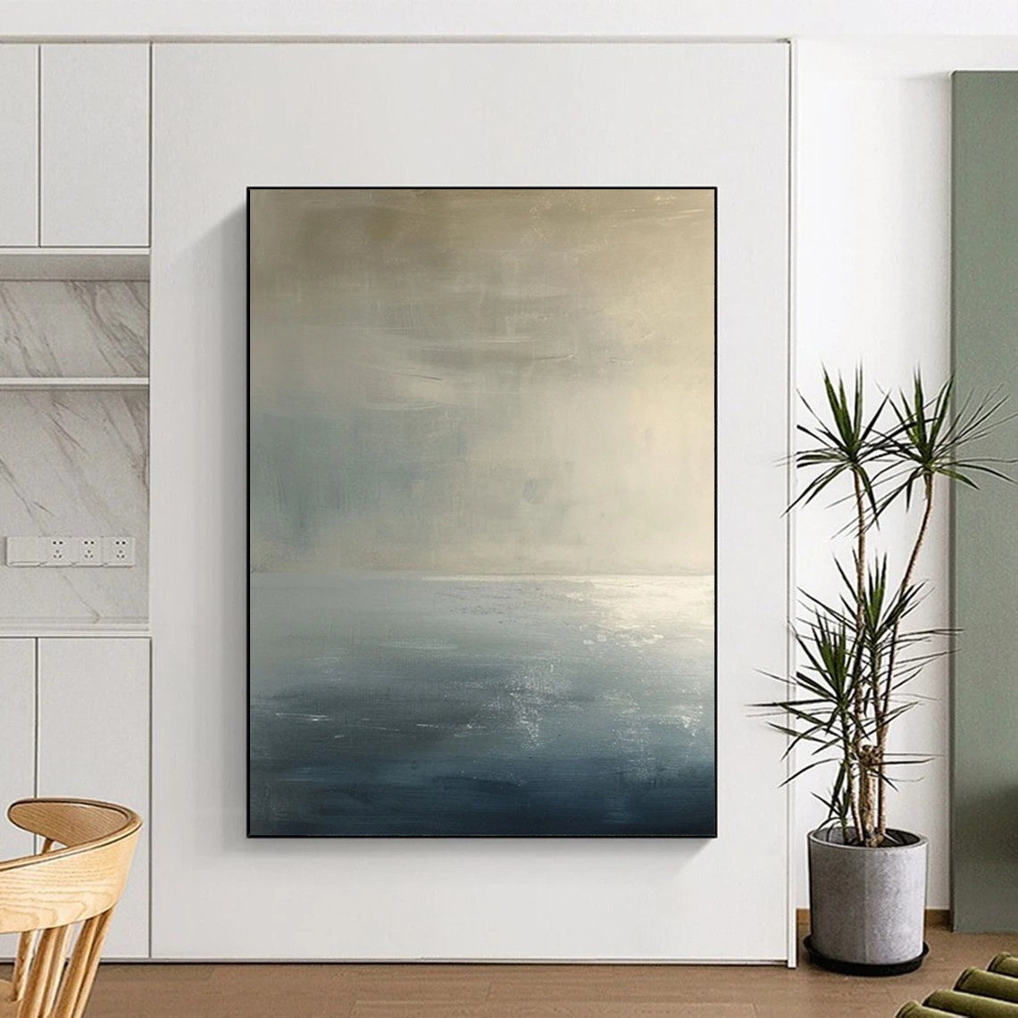 “Monochrome Abstract Horizon” - Gray, Blue, White Calm Layers Painting On Canvas DTP299