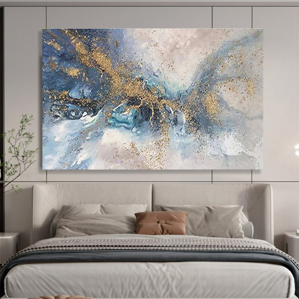 Blue & Gold Abstract Swirl - Gray & Gold Fluid Art Painting On Canvas DKH880