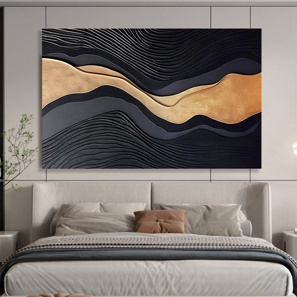 Black, Gold, and Gray Textured Abstract “Luxurious Wave Textures” Painting On Canvas DKH149