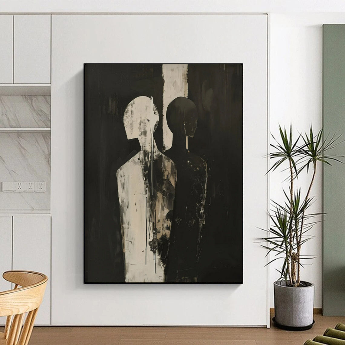 “Black and White Abstract Figures” – Expressionistic Oil Painting On Canvas CT2171