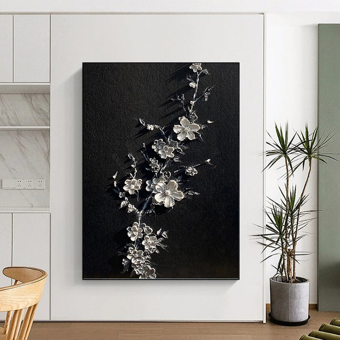 “Silver Blossoms” - Black & Silver 3D Floral Textured Painting On Canvas DKH1543