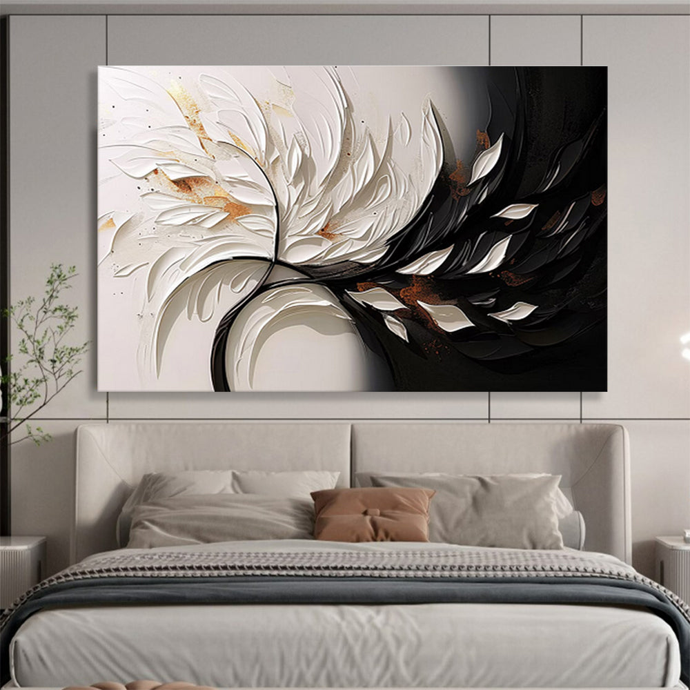 “3D White & Black Floral Burst” - White, Black, Gold Textured Floral Painting On Canvas DKH746