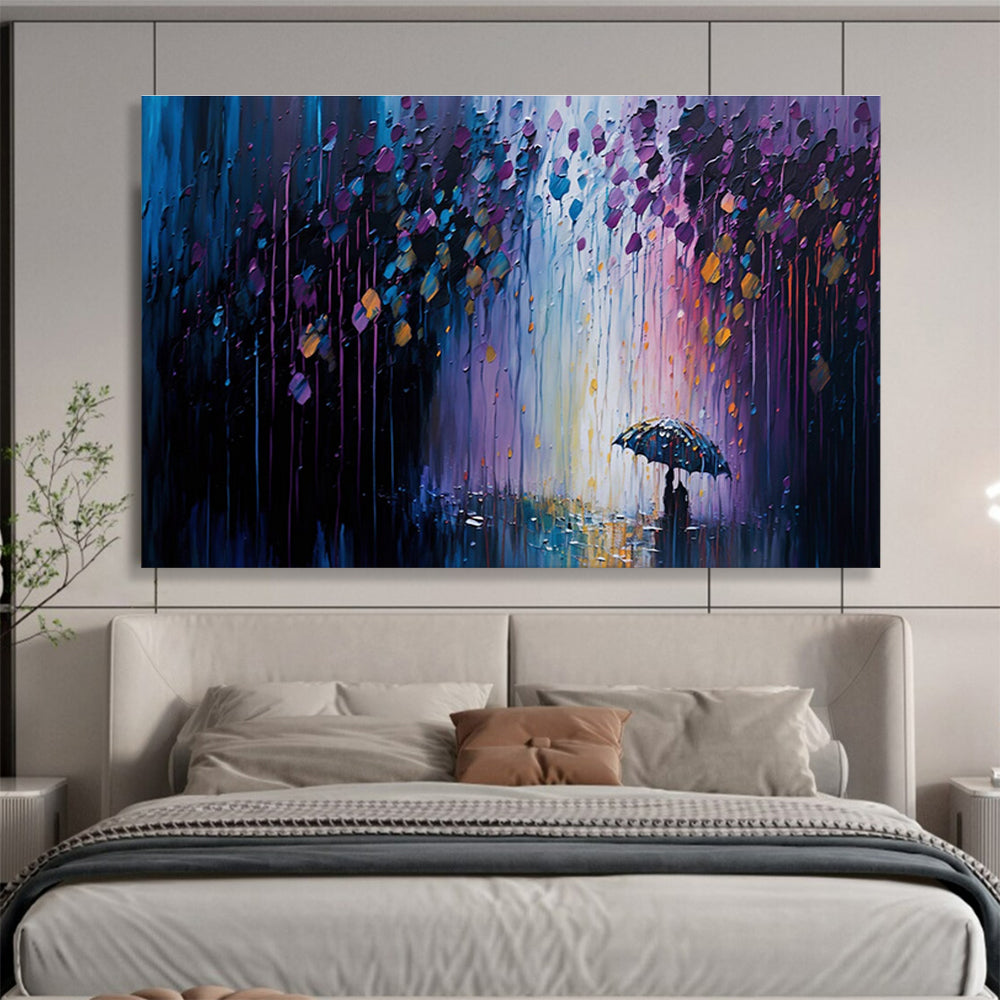 Rainy Night Stroll - Purple & Blue Impressionistic Cityscape Painting On Canvas DKH876