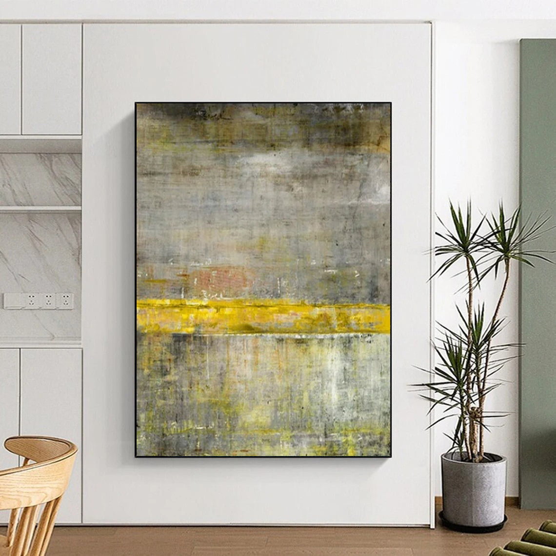 Gray & Yellow Abstract Divide - Minimalist Abstract Painting On Canvas CT2294