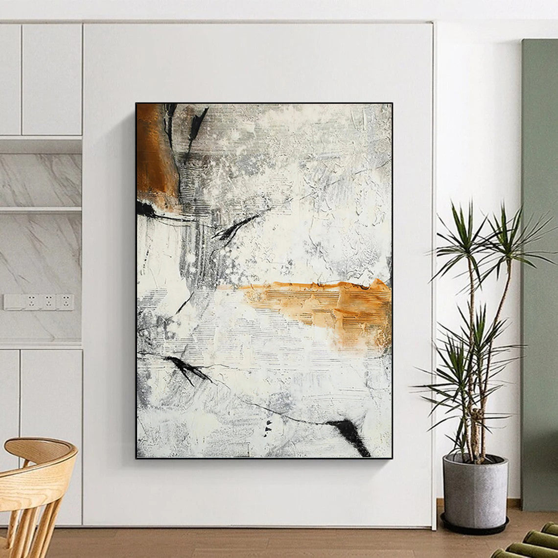 Abstract Textures in Gray, White, and Orange - Abstract Painting On Canvas DKH1438