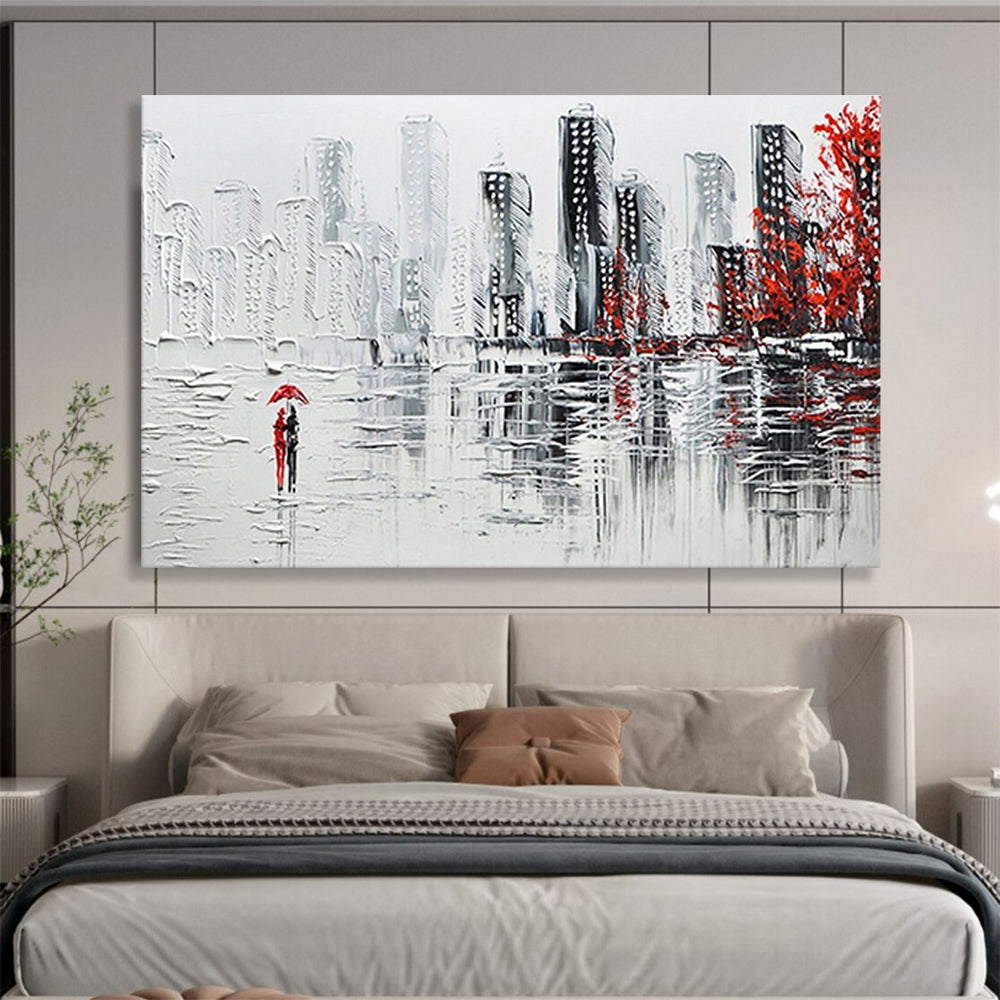 Cityscape with Red Accents - Gray, White & Red Urban Painting On Canvas DKH886