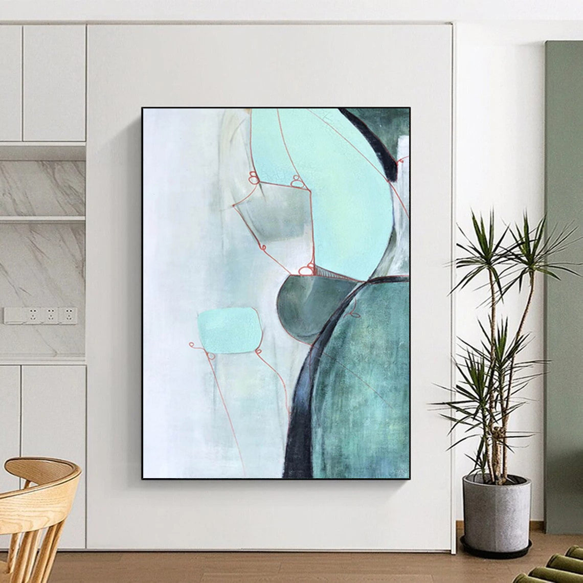 “Green and Red Abstract Shapes” - Green, Red, Gray Abstract Painting On Canvas DTP250