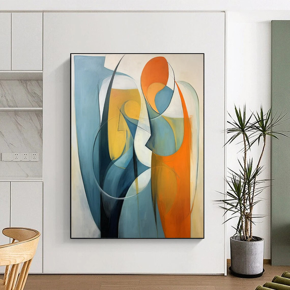 “Abstract Figures 1” - Blue, Orange & White Abstract Painting On Canvas CT2233