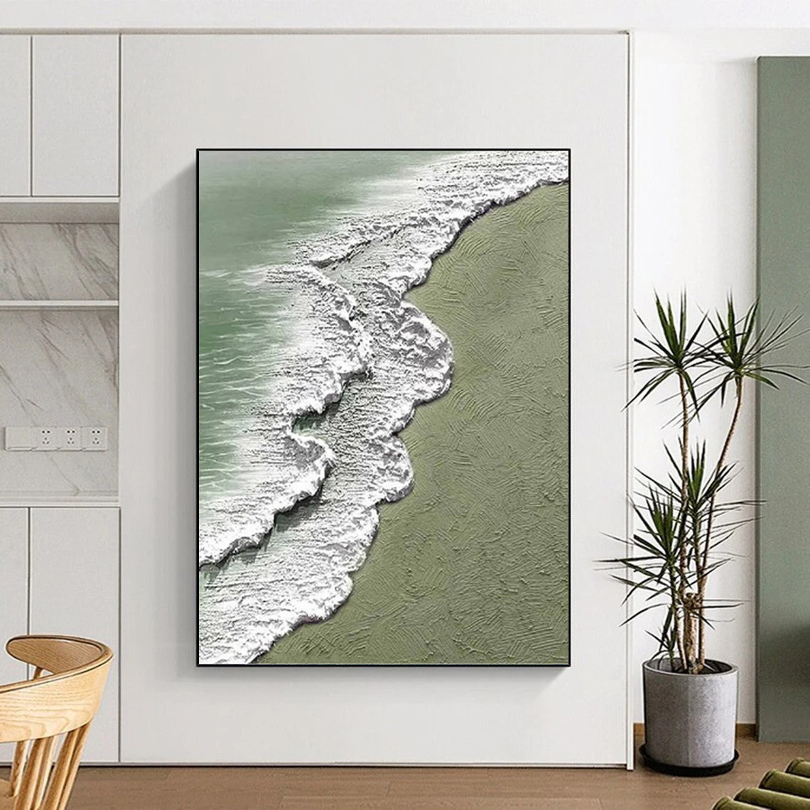“Textured Beach Waves” - Green, White & Blue Textured Seascape Painting On Canvas DKH1200